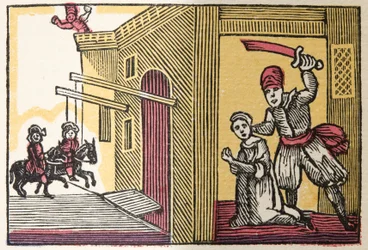 Blåskæg fra Histories or Tales of Past Times told by Mother Goose, With Morals, af M Perrault, pub. 1925 (håndkoloreret træsnit)