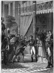 Bonaparte og Josephine de Beauharnais modtager den unge konge af Etrurien, Louis I (Louis I af Bourbon eller Ludovico I af Borbone) (1773-1803), ledsaget af sin kone, Marie Louise (Marie Louise) af Bourbon (1782-1824) i deres hus i Malmaison i juli 180