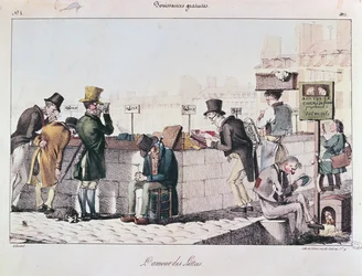Bouquinistes langs bredden af floden Seine i Paris, begyndelsen af det 19. århundrede