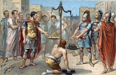 Brennus, leder af den galliske stamme senonerne, udtaler det skæbnesvangre Vae victis (Ve de besejrede!) og kaster sit tunge sværd på vægtskålen, der afvejede den guldtribut, han krævede af romerne for at hæve belejringen af Ca
