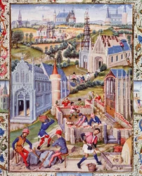 Byggepladser i Saint Denis (by) til opførelsen af 12 kirker til ære for de 12 apotrer. Miniature taget fra "Livet af Tres Noble Count Gerard de Roussillon"