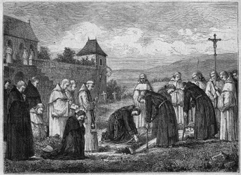 Begravelse af en karteuser i Abbey of Tamie i Savoy (cisterciensersamfund). Stik fra 1875.