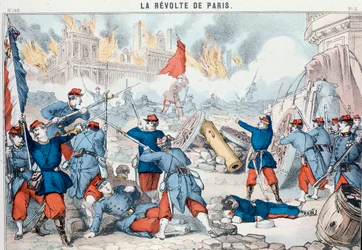 Kommunardernes afbrænding og ødelæggelse af rådhuset i Paris, maj 1871 (Epinal print)