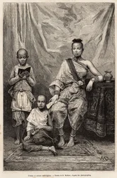 Cambodjansk kvinde og børn, indgravering efter en tegning af D. Maillart, der illustrerer rejsen til Cochinchine, af Doktor Morice, i 1872, udgivet i "" Le tour du monde""" 1875, redigeret af Edouard Charton, Hachette-udgaven, Paris. Selva samling.