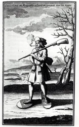 Canadisk med snesko, der går i krig mod sneen, fra Histoire de lAmerique septentrionale af Bacqueville de La Potherie (1663-1736) udgivet i 1753