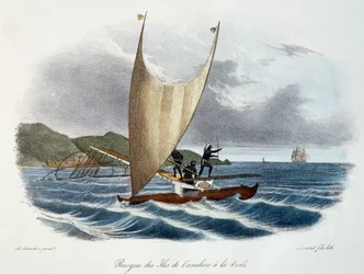 Kano med sejl fra Vanikoro-øerne, Salomonøerne (øgruppen), farvegravering fra Astrolabiets opdagelsesrejse udført på ordre fra kongen i årene 1826-1829 af Jules-Sebastien-Cesar Dumont d