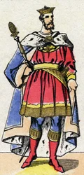 Capetiansk dynasti: Portræt af Filip I af Frankrig (1052-1108) konge af frankerne fra 1060 til 1108. Epinal billeddannelse fra slutningen af det 19. århundrede. Privat samling.