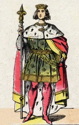 Capetians dynasti: Portræt af Filip IV af Frankrig, kendt som Filip Bel (1268-1314), konge af frankerne fra 1285 til 1314. Epinal billeddannelse fra slutningen af det 19. århundrede. Privat samling.