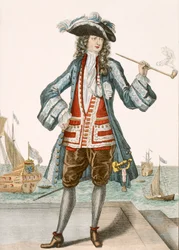 Kaptajn Jean Bart af Dunkerque 88:Le Capitaine Jean Baert de Dunquerque, flådens kaptajn, står og ryger en lang pibe på havnen; Jean Bart (1651-1702), flamsk sømand m
