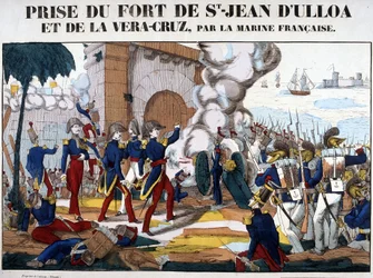 Tilfangetagelse af fortet Saint John of Ulloa og La Vera Cruz i Mexico i november 1838. Billede af Epinal