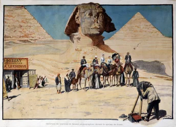 Karavane af turister, der bliver fotograferet foran Gizeh-sfinksen (Guiseh, Giza, Giza)