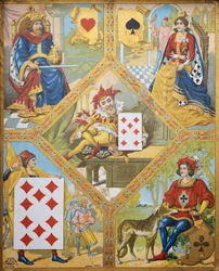 Kortspil, tallerken med hjertekonge, spardronning, ruderti og kløverkønt, dværg Lindoro med rudersyv i midten, Frankrig