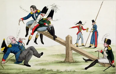 Karikatur af Ludvig XVIII (1755-1824) Napoleon (1769-1821) og de allierede på tidspunktet for Cent-Jours i 1815
