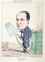 Karikatur af baron Georges Eugène Haussmann (1809-91) som murerhåndlanger, ca. 1870