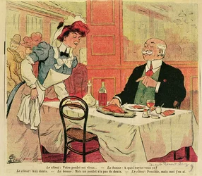 Karikatur af kunde og servitrice i en restaurant, ca. 1905