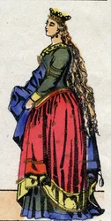 Karolingiske dynasti: Portræt af Judith af Baviere (805-843) Dronning af Francs-konen af Ludvig 1. kaldte den fromme eller "" Debonnaire"" (778-840). Epinal billeddannelse fra slutningen af det 19. århundrede. Privat samling.