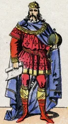 Karolingisk dynasti: Portræt af Karl, kendt som den Store eller Karl den Store (Carolus Magnus, 742-814) kejser fra 800 til 814. Epinal billeddannelse fra slutningen af det 19. århundrede. Privat samling.