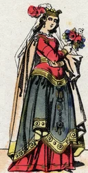Karolingisk dynasti: Portræt af Hildegarde af Vintzgau (v. 758-783) kone til Karl den Store eller Karl den Store (Carolus Magnus, 742-814). Epinal billeddannelse fra slutningen af det 19. århundrede. Privat samling.