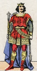 Karolingisk dynasti: Portræt af Ludvig II Begue (846-879), kongen af frankerne fra 877 til 879. Epinal billeddannelse fra slutningen af det 19. århundrede. Privat samling.