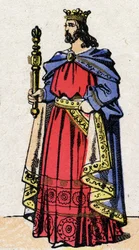 Karolingisk dynasti: Portræt af Ludvig IV, kendt som Outremer (921-954), konge af frankerne fra 936 til 954. Epinal billeddannelse fra slutningen af det 19. århundrede. Privat samling.