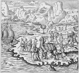 Godstransport med kamel til lastning af skibe, der forlader den græske skranke i Alexandria til Europa. Gravering i "La Marine et les kolonier: handel"