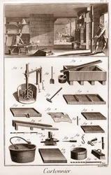 Cartonnier - værksted fremstiller pap - "" The Great Encyclopedia, eller Dictionnaire Raisonne des Sciences, des Arts et des Metiers" (Encyclopedia or Dictionary of the Sciences, Arts and Professions) af Denis Diderot (1713-1784) og Jean d