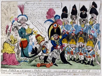 Tegnefilm om Napoleon I (1769 - 1821) og hans søn, kongen af Rom (1811 - 1832): sidstnævnte på sin gyngehest gennemgår den franske hærs tropper sammen med sin far. Fransk tryk fra det 19. århundrede.