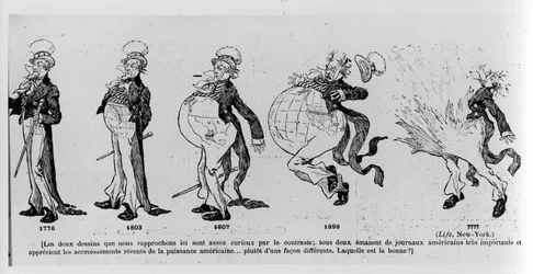 Tegneserie, der kommenterer jordkøbene i USA, illustration fra Le Rire, 4. marts 1895