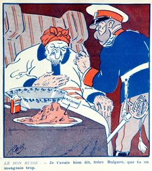 Tegneserie, der kritiserer Bulgariens grådige adfærd over opdelingen af Makedonien under Balkankrigene 1912-13