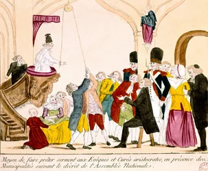 Tegneserie af franske aristokrater og præster, der aflægger troskabsed til republikken (farvet indgravering)