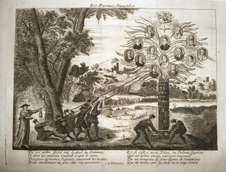 Tegneserie, der viser jesuitter, der forsøger at rive Jansenismens træ ned,