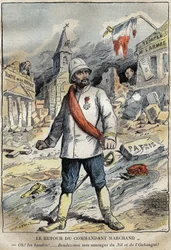 Tegnefilm om kommandør Jean-Baptiste (Jean Baptiste) Marchand (1863-1934), i Toulon, på vej tilbage fra en udforskningsmission (1896-1899) i Afrika. Indgravering i "" Le Pelerin"" 4/06/1899.