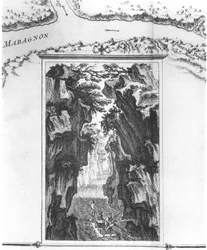 Patron, der forestiller La Condamine på en tømmerflåde på Amazonas, på et kort kaldet Carte du strædet kaldet Pongo de Manseriche dans le Maragnon ou la riviere des Amazones, illustration fra Histoire de l