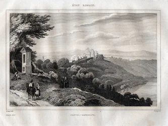 Castel Gandolfo - Gravering fra "" Det maleriske Italien"" af M. de Norvins, Ch. Nodier 1834-1836.