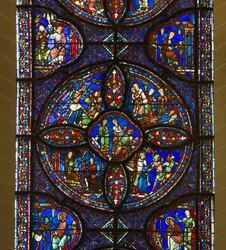Cathedrale de chartres, farvet glas: Saint Antoine og Saint Pauls liv, eneboere, detaljer i midten