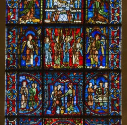 Cathedrale de chartres, farvet glas: vor frue af det smukke glas med under Kristi offentlige liv detaljecenter