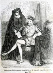 Catherine de Medici (Caterina de Medici) river fra sin søn (Charles IX) ordren om at give signalet om massakren på Saint Barthelemy i 1572 - i "Histoire de France" af L.-P. Anquetil