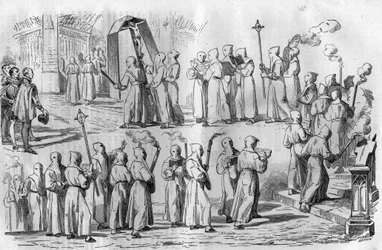 Katolsk sjov og overtro. Procession af Penitents under angrebet af Rom af kejser Othon I den Store (912-973). Indgravering i "Histoire des Papes-Rois-Queen and Empereurs a travers les centuries"" af Maurice Lachatre