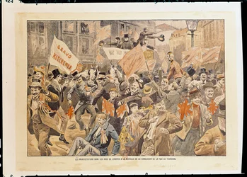 Festligheder i Londons gader efter nyheden om indgåelsen af fred i Transvaal, maj 1902 (print)