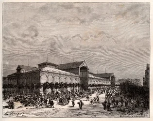 Centrale haller i Paris i det 19. århundrede - indgravering i "La France illustree: geographie, histoire, administration statistique" af V.A. Malt-brun. 1884