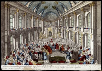 Ceremoni for brudevelsignelsen givet i kapellet i Versailles den 16. maj 1770 af Louis Auguste, delfin fra Frankrig (Louis XVI), og Marie Antoinette af Østrig - gravering