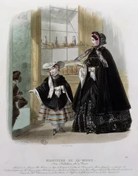 Velgørenhed i et konditori, illustration fra Moniteur de la Mode, 1852 (farvestik)