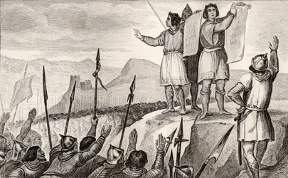 Charles II (823-77) den Skaldede og hans bror Ludvig den Tyske indgår traktat i Strasbourg i 842, fra 