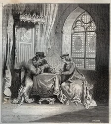 Charles VI (1380-1422) og Odette de Champdivers - Kong Charles VI af Frankrig, kendt som Charles the Good Aime, derefter Charles the Fol (1368-1422) med sin elskerinde Odinette (Odette) de Champdivers (ca. 1390-omkring 1425) spillekort indgravering i "Pari