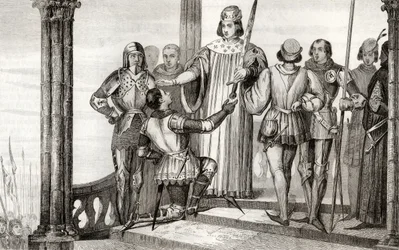 Charles V (1358-80) den Vise præsenterer sit sværd til Duguesdin, fra 