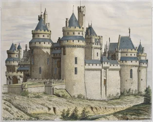 Chateau de Pierrefonds, illustration fra Le Moniteur des architectes, graveret af Bosredon (farvegravering)