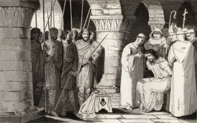 Childeric III (714-51) bliver detroniseret og indespærret i et kloster, fra "Histoire de France" af Colart, udgivet omkring 1840