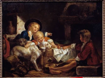Børn Tre små børn og to hunde i en lade. Maleri af den franske skole. 1700-tallets privatsamling