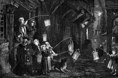 Kristen skik - helligtrekonger - 1860: børn i en landsby i Normandiet med lanterner, der går gennem gaderne. Indgravering i "" Le Monde Illustré"" nr. 143 af 7. januar 1860.