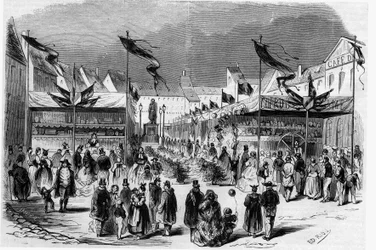 Julefest i Alsace: Julemessen (den lille Jesus) i Strasbourg i 1857. Indgravering i "" Le Monde Illustré"" nr. 38 af 2. januar